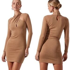 NEW ASTR the Label Rosey Camel Twist Neck Bodycon Mini Dress Womens Sm